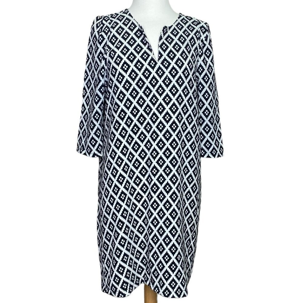 Everly Grey Black Geometric Diamond Shift Dress M Medium Mod 3/4 Sleeve